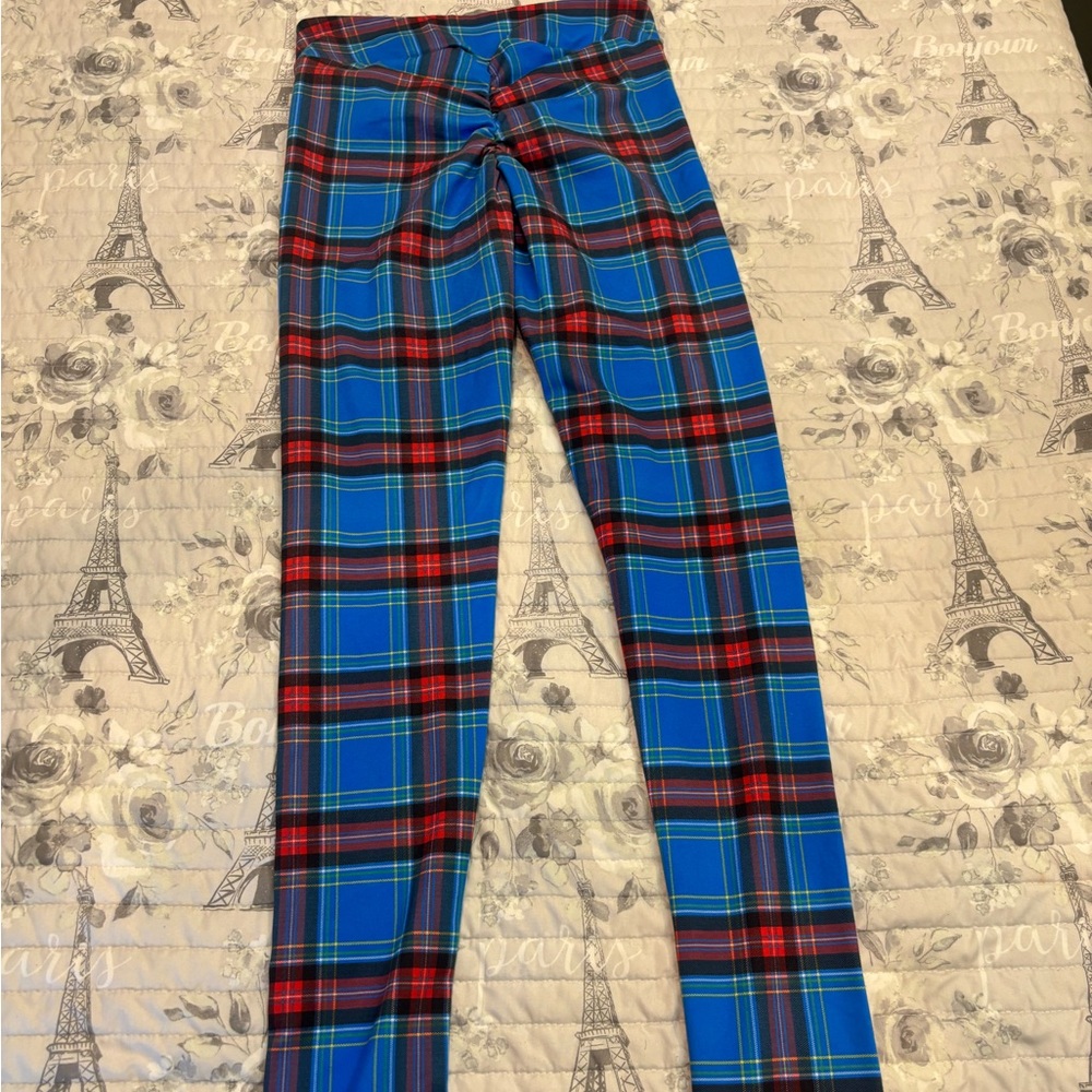 Blue and Red Plaid Leggings with Stretchy Waistband
